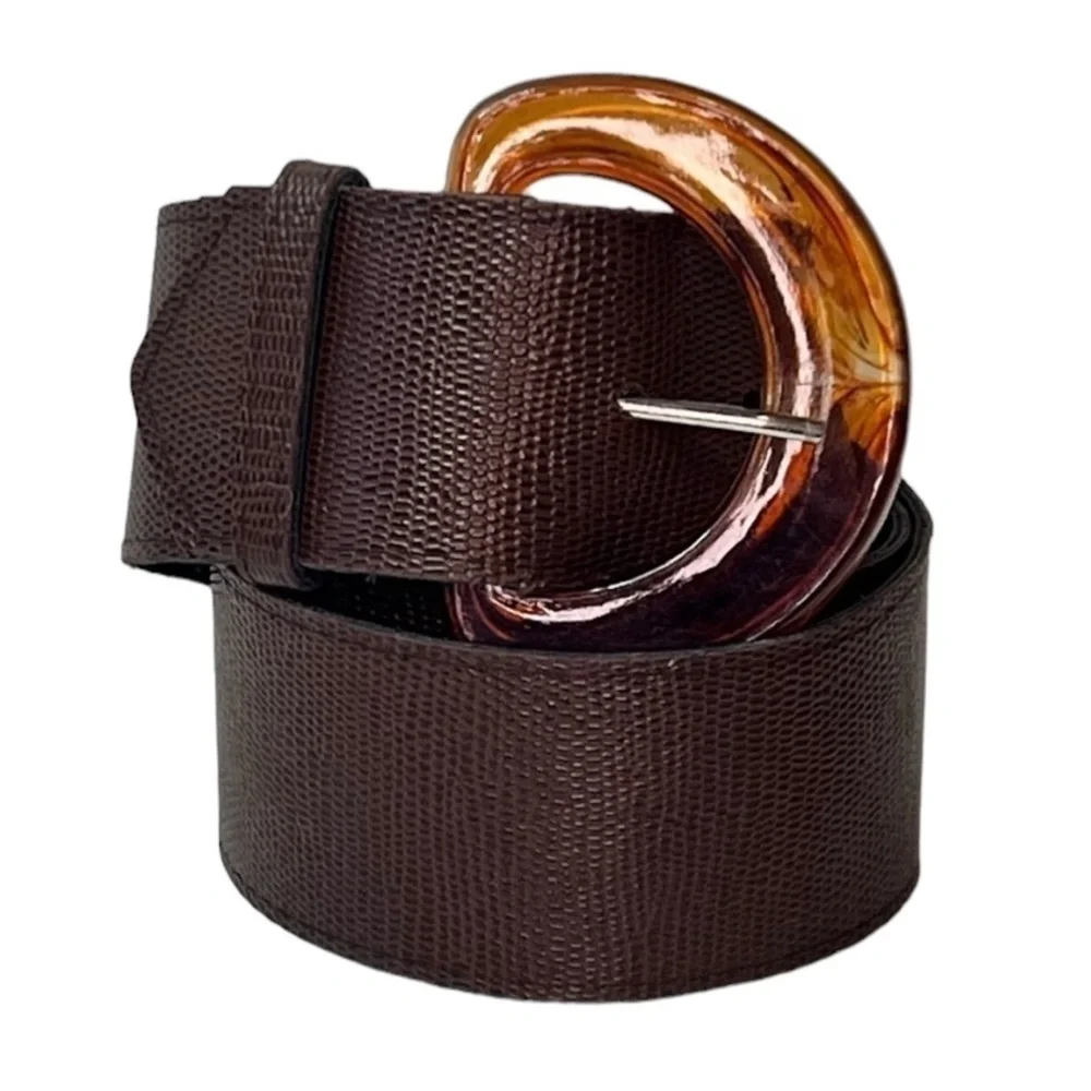 Wide Brown Vegan Belt Acrylic Tortoise Print Buckle Vintage Vegan Faux Leather